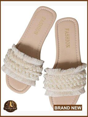 Pearl Chain Flat Sandals Dressy Open Toe Slip On Summer Casual Slide